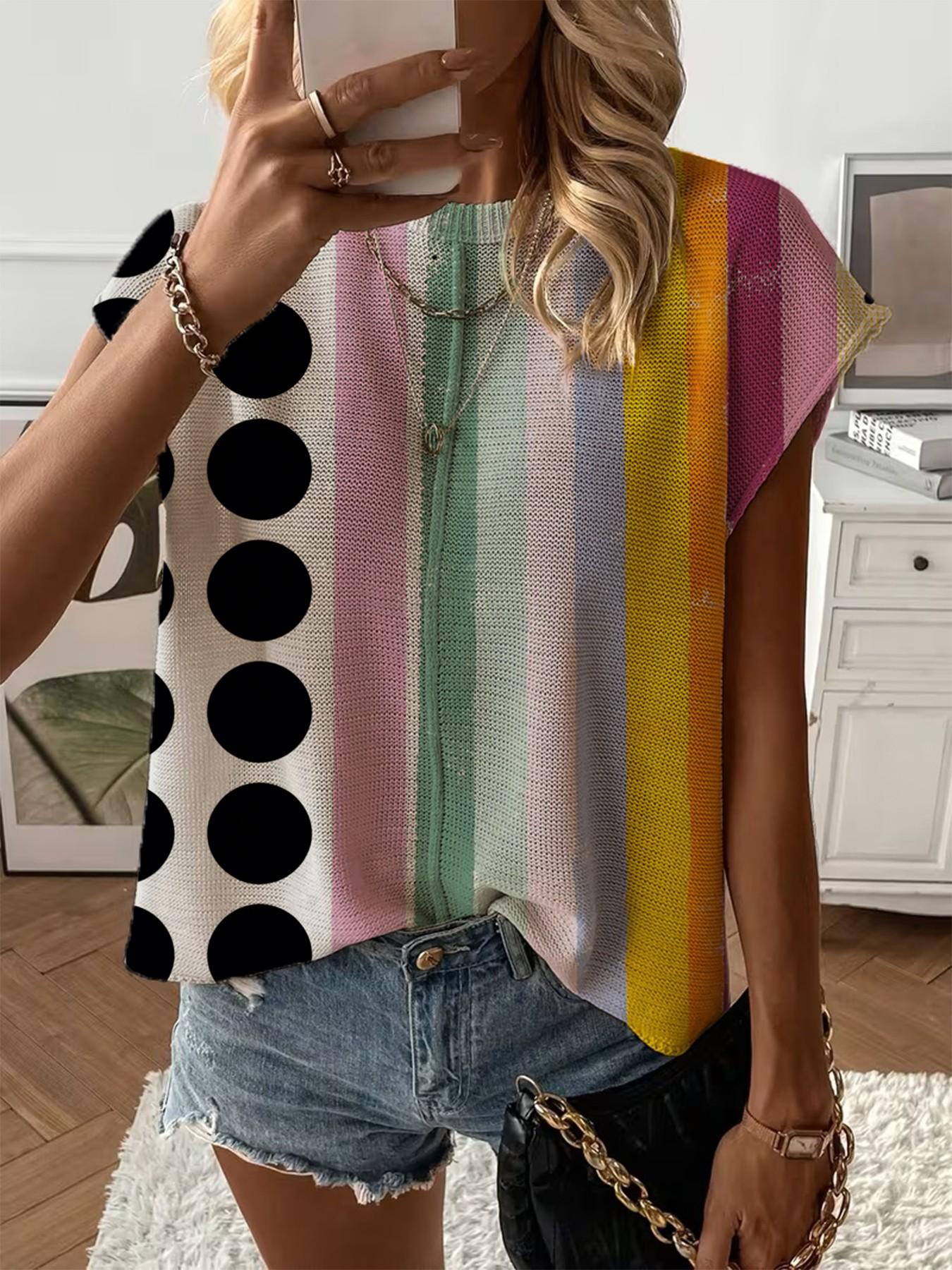 Spring/Summer crew neck drop-shoulder loose fit contrast stripe splicing print short-sleeve women's knit top, vacation style, casual elegant commute, ladies short-sleeve knit top, bikini cover-up.