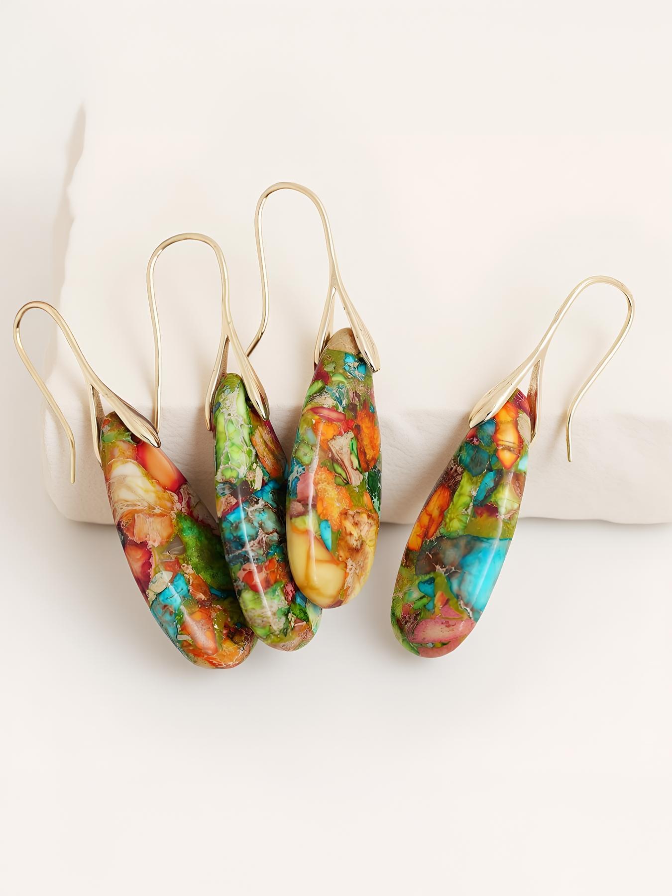 Natural Healing Stone Fish Pendant Earrings, Boho Ditsy Floral Jewelry Set, Copper Plated, Hypoallergenic, Ideal Gift for Couples