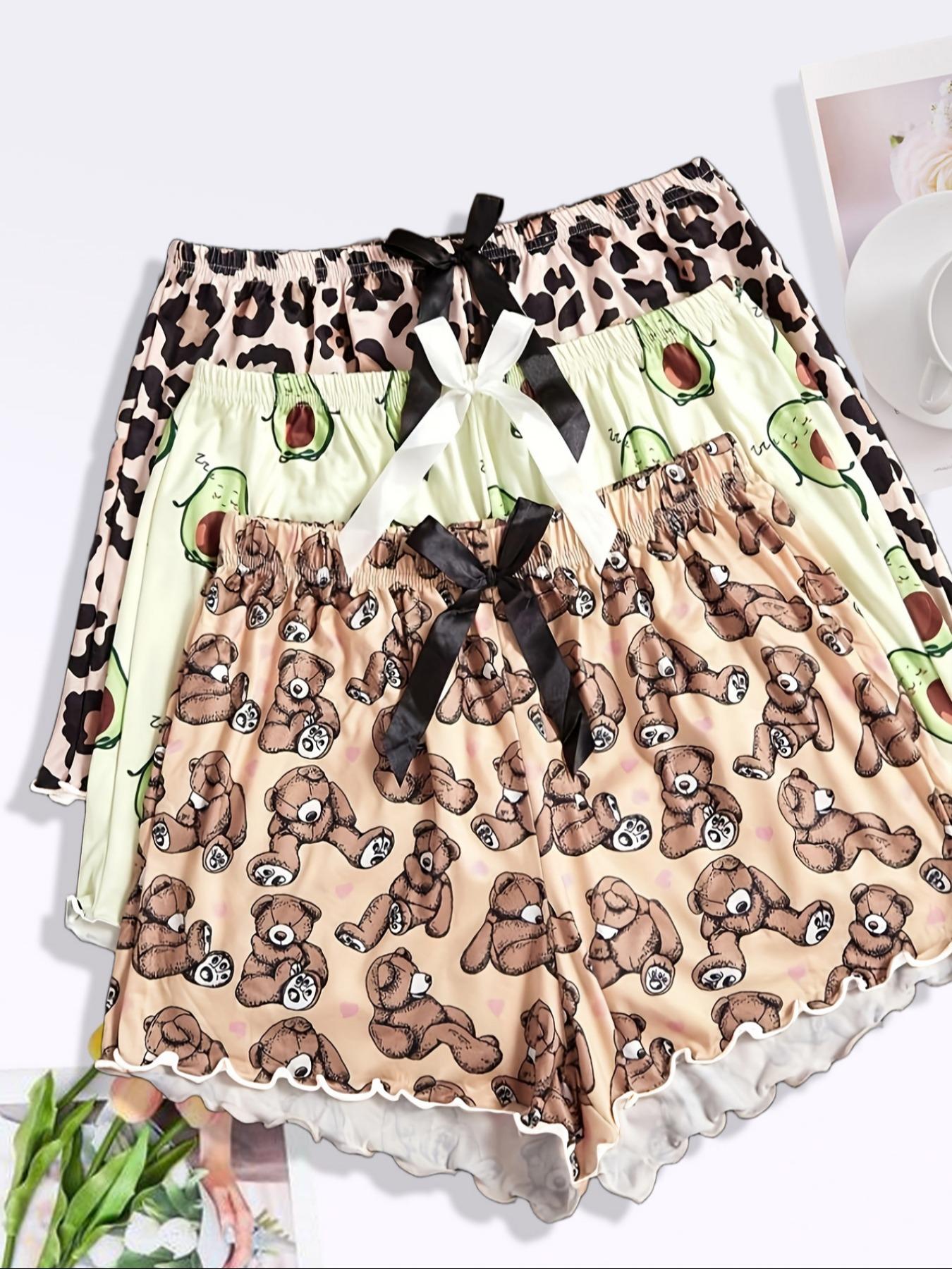 Women's 3-Piece Teddy Bear Avocado Leopard Print Sleepwear Set, Soft Cotton Lounge Wear, Comfortable Home for Women