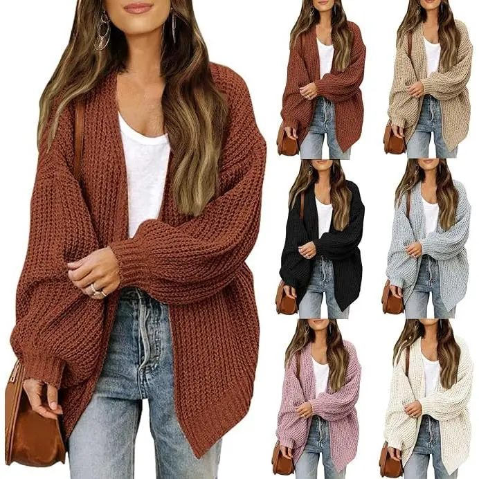 Women's Knit Open Front Fall Sweater Lantern Long Sleeve Chunky Cardigan Sweaters Trendy Outerwear Coats