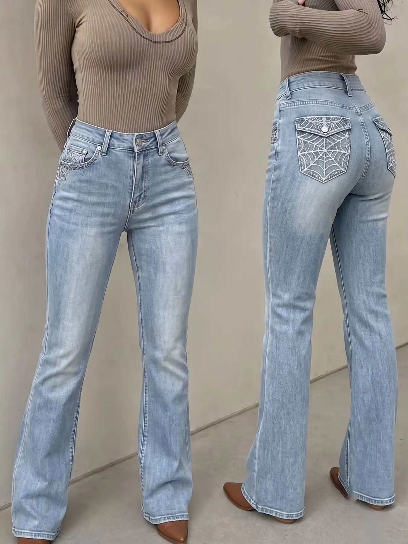 Women's High-Waisted Flare Jeans, Light Wash Stretch Denim, Spider Web Sequin Embroidery, Back Pockets, Y2K Style, Casual Party Wear