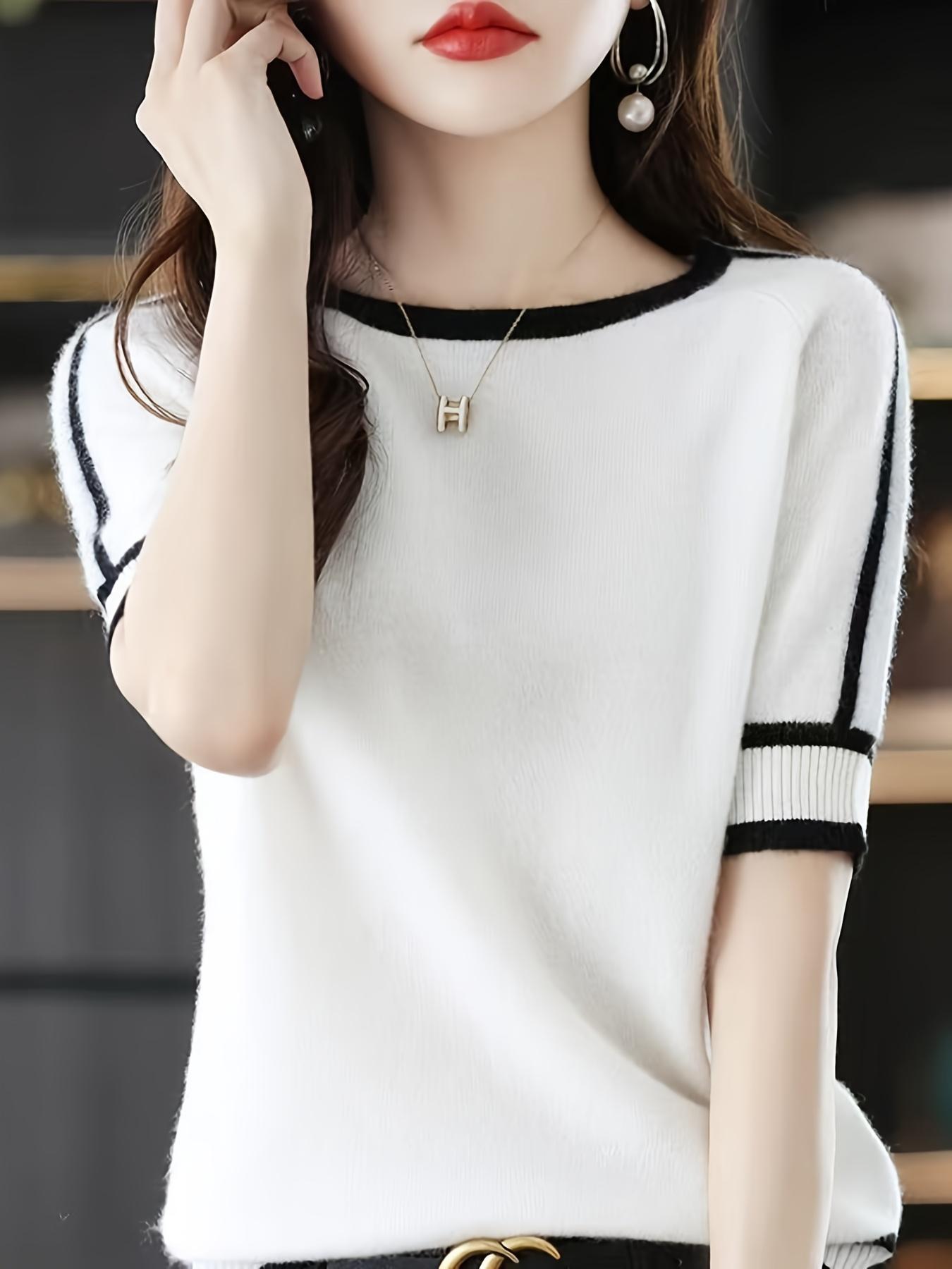 Women's Round Neck Patchwork Half Sleeve Knit Sweater, Commuter Casual Slim Fit Pullover, Stylish and Comfortable Top for Daily Wear, Knitwear