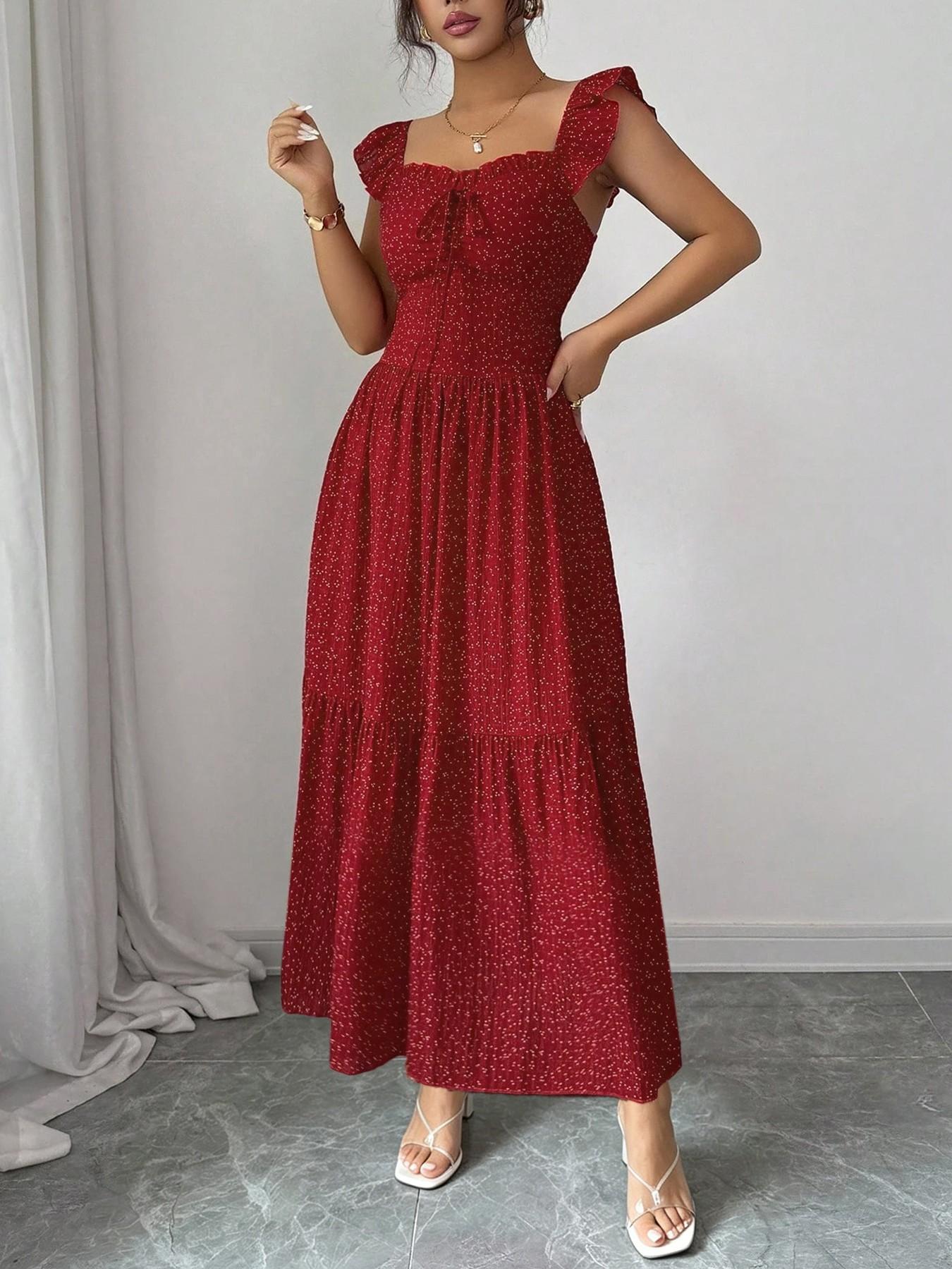 1 Piece Spring & Summer Ruffled Square Neck Polka Dot Maxi Dress , Back Tie Design Retro Sweet Style for Date Nights and Vacation,Waist-Cinching Slimming Romantic Girl Style for Parties and Daily Outings, Casual Wear 1 Piece Spring & Summer Ruffled Square Neck Polka Dot Maxi Dress , Back Tie Design Retro Sweet Style for Date Nights and Vacation,Waist-Cinching Slimming Romantic Girl Style for Parties and Daily Outings, Casual Wear