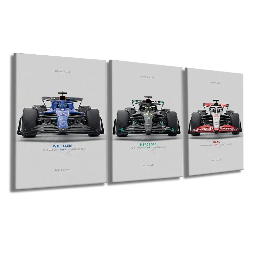 3 Pcs/Set Canvas Wall Art, 2023 Season Formula 1 Race Cars, Williams, Mercedes, Haas F1 Car Front View Canvas Prints, Motorsport Wall Decor for Car Enthusiasts, Artwork