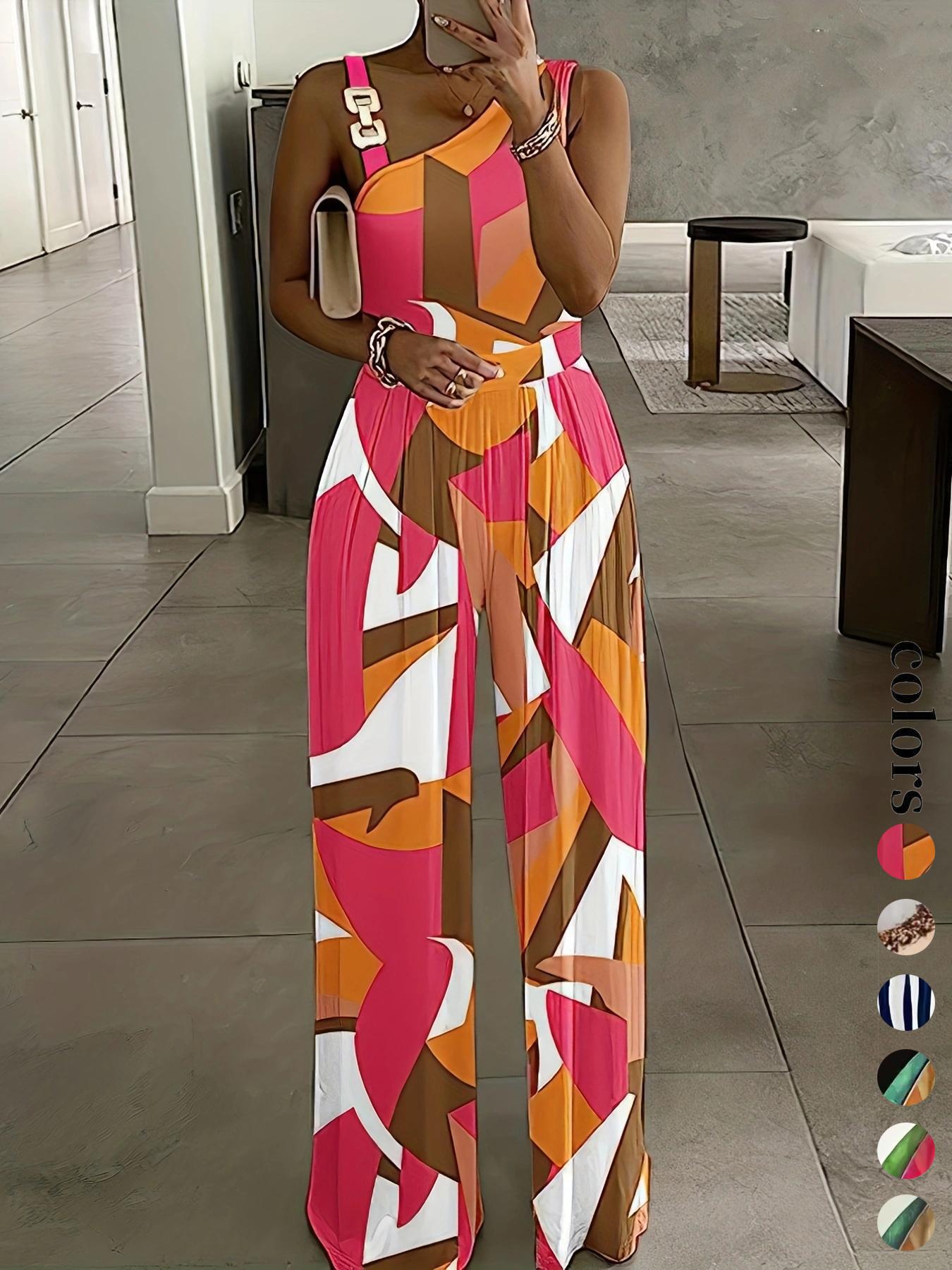 Women's Floral Print Ring-Linked Asymmetrical Neck Jumpsuit, Boho Casual High Waist Wide Leg Jumpsuit for Summer, Womenswear