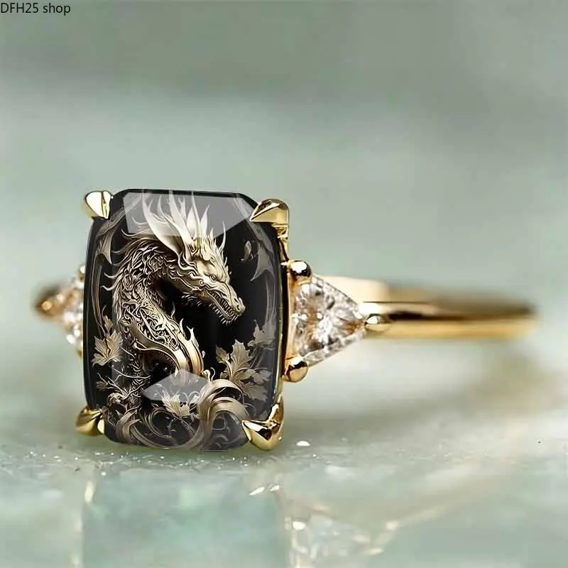 Dragon Art Statement Ring for Women and Men, Adjustable Gold Tone Band With Vintage Ink Painting Dragon Artwork and Retro Design, Unique Fashion Jewelry Accessory for Daily Wear and Special Events