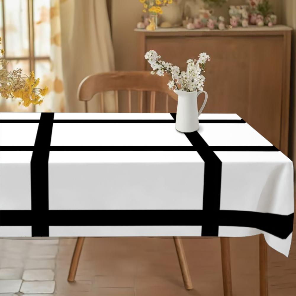 Rectangular White Tablecloth with Black Grid, Polyester Material, Waterproof & Oil - Resistant, Suitable for Home & Outdoor Use, Minimalist Style, Ideal for Wedding, Holiday, Birthday & Thank You Gifts, Cozy Dining Area Decor