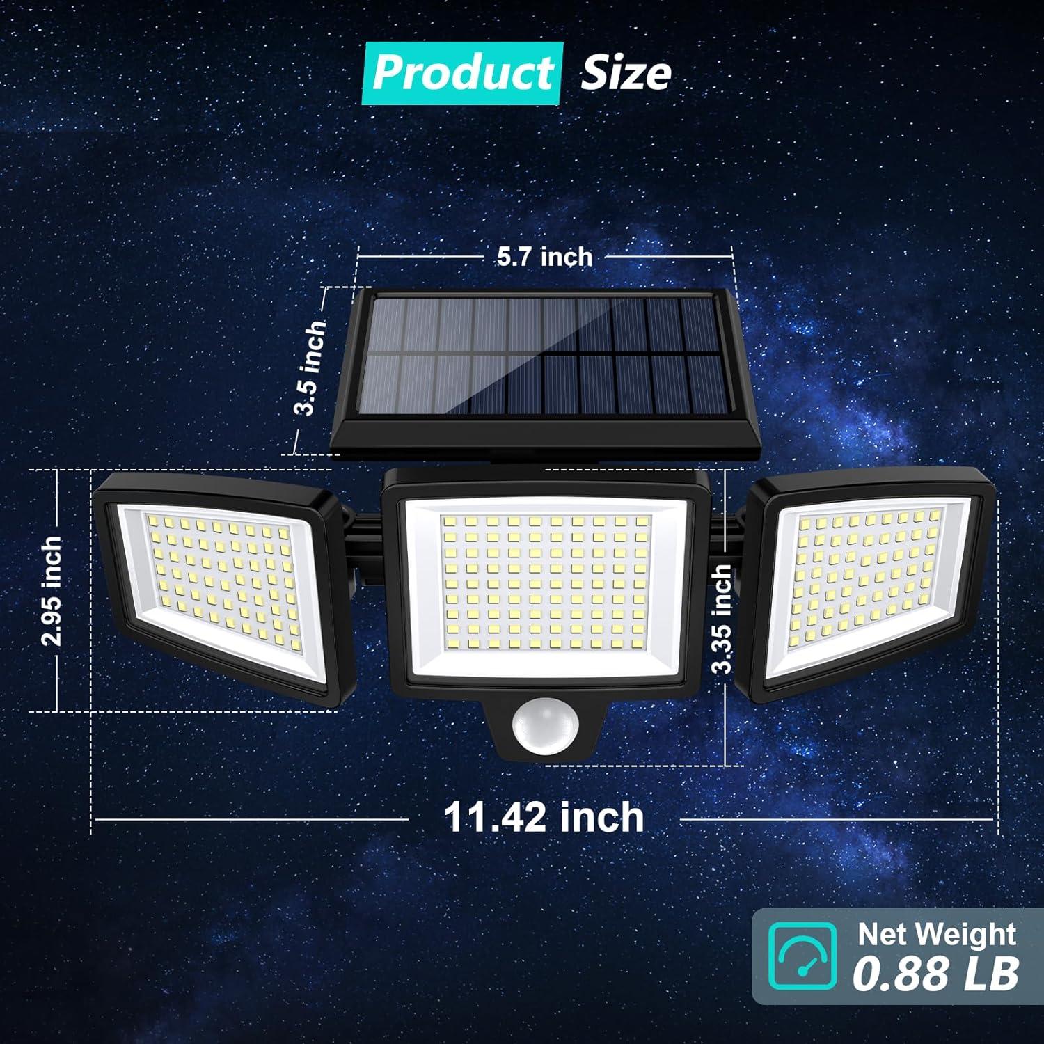 Tuffenough Solar Outdoor Lights 2500LM 210LED Security Lights,3 Heads Dimmable SpotLights with 3 Modes,IP65 Waterproof,Suitable for Yard, Garage, Porch, Pool,Garden,Barn,Patio,#Summervibes Tuffenough Solar Outdoor Lights 2500LM 210LED Security Lights,3 Heads Dimmable SpotLights with 3 Modes,IP65 Waterproof,Suitable for Yard, Garage, Porch, Pool,Garden,Barn,Patio,#Summervibes