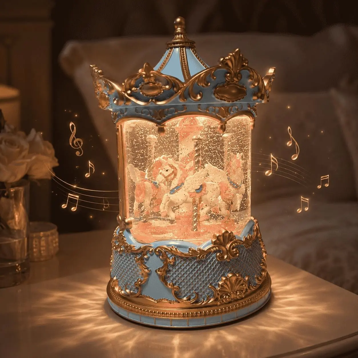 Carousel Circus Snow Globe Music Box with Light, Rotating Horses, 10 Melodies, Glitter Swirl and 6 Hours Timer, Musical Water Globe Gift for Mom, Girls, Women, Birthday and Home Decor