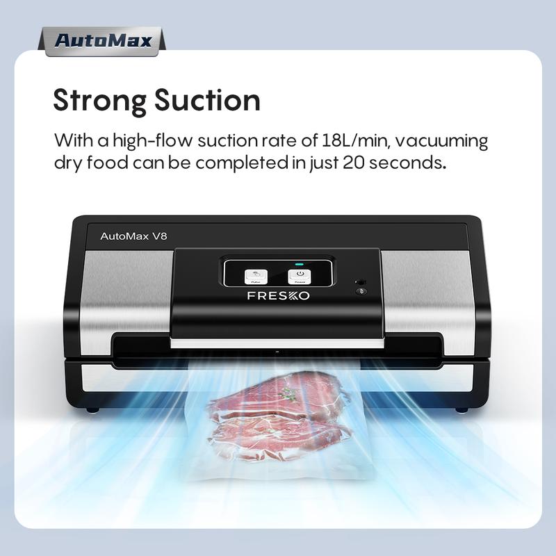 FRESKO AutoMax V8 Heavy Duty Vacuum Sealer Machine, Automatic Food Saver with Dry & Moist Modes, Built-in Cutter & Bag Storage, Includes Bags & Rolls