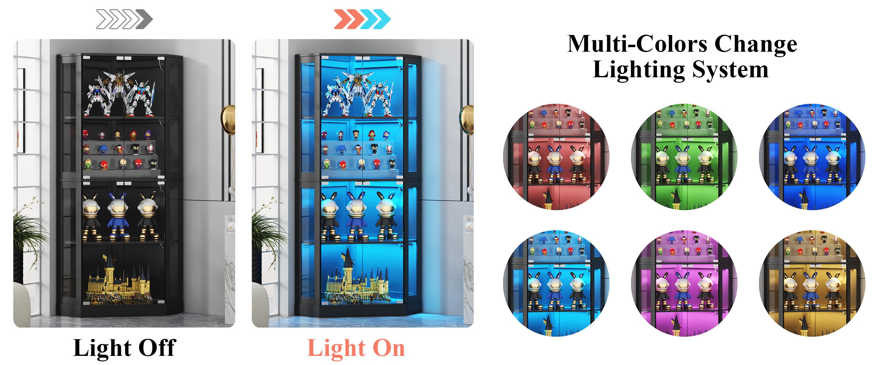 Corner Display Cabinet with Multi-Color LED Lights, Modern Curio Cabinet with Glass Doors, 4 Tier Glass Display Shelves Apartment Furniture