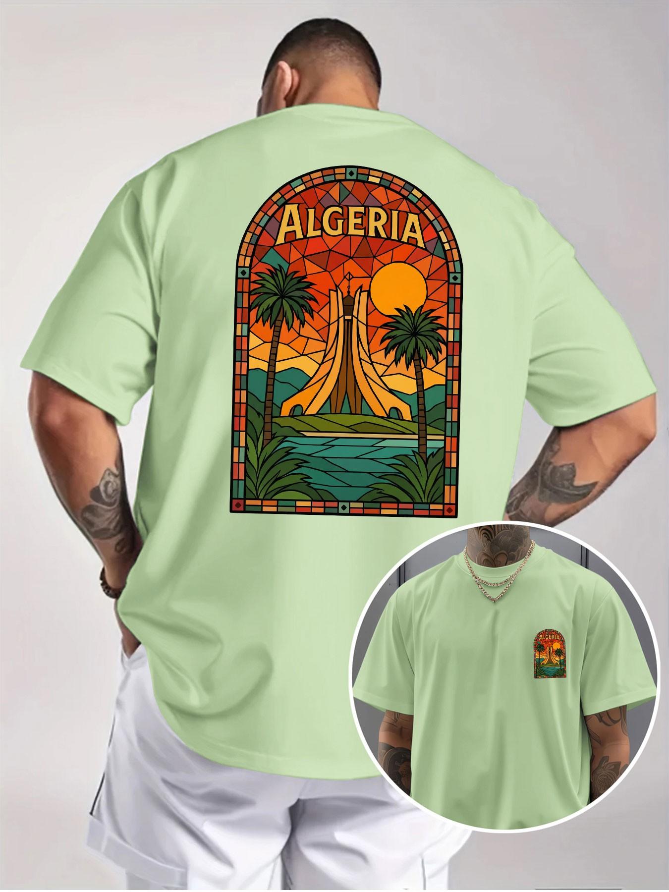 Algeria Landmark Print T-Shirt, Colorful Glass Art Style, Unisex Oversized Half Sleeve, North African Vacation Casual Tee, Cultural Souvenir