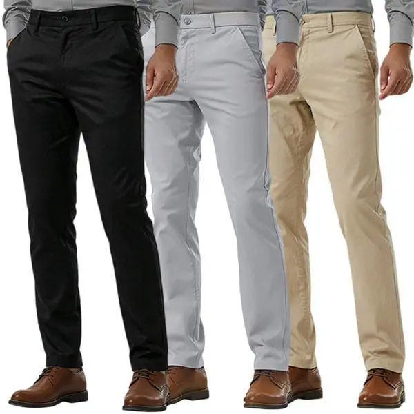 Men's slim-fit tailored dress pants with a cropped length, made of cotton and spandex, available in multiple colors (sizes: 28-38).