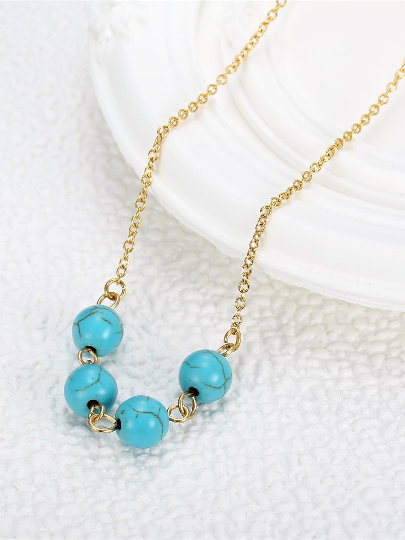 Bohemian Style Synthetic Stone Necklace Made of Stainless Steel That Does Not Fade, Versatile Summer Seaside Accessory