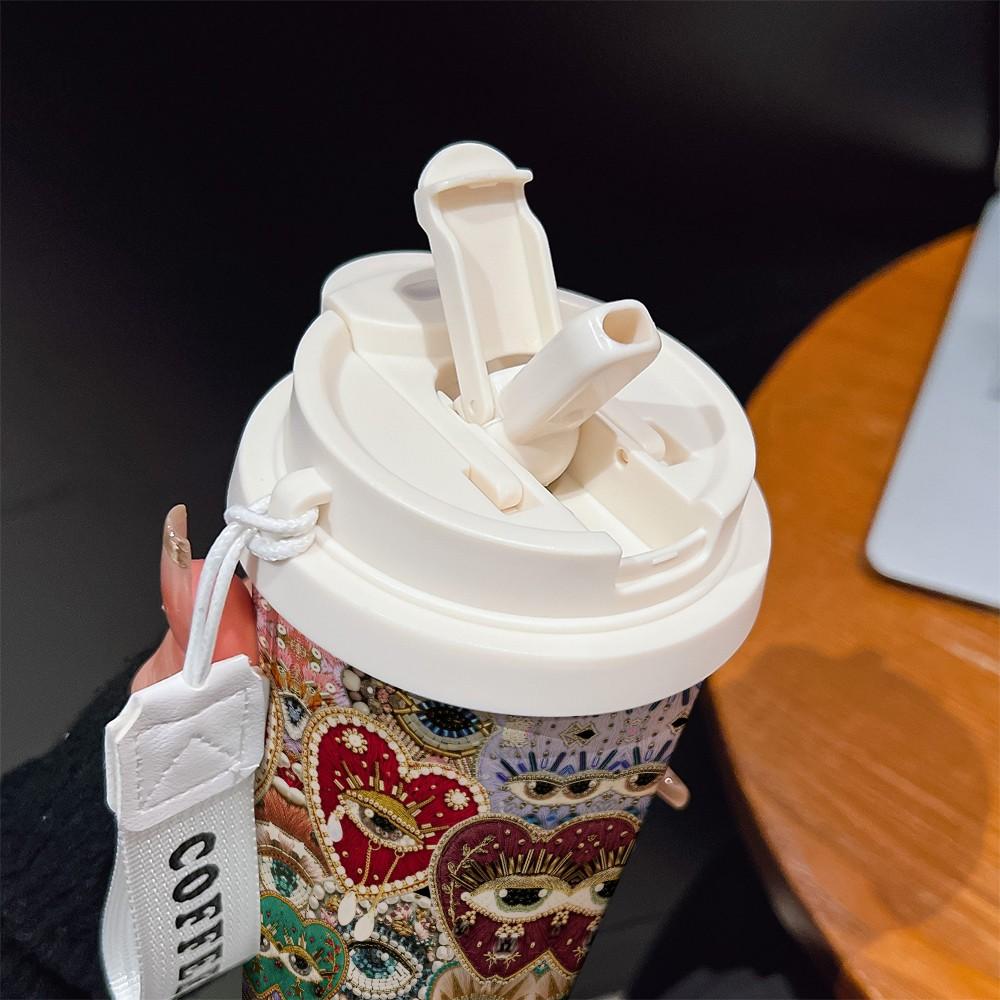 Abstract Heart Crown Eye Texture Coffee Cup, Portable Dual Drink Insulated Tumbler, Keeps Hot/cold, Boho Style, Office Travel Essential