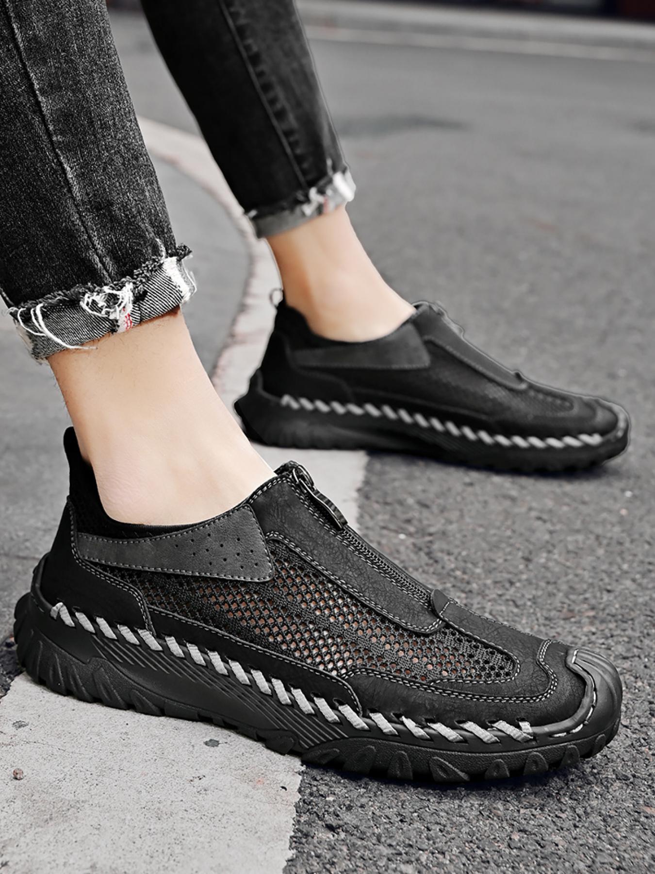 Men's Solid Color Mesh Zipper Toe Casual Shoes, Soft Sole, Non-Slip, Hand-Stitched, Breathable Slip-On Lazy Dad Shoes