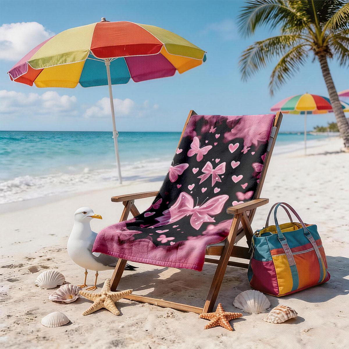 A Black Pink Gradient Bow Butterfly Heart All-over Printed Beach Towel - Oversized, Skin-friendly, Absorbent and Quick-drying, Perfect for Beach and Pool Leisure, Ideal for Summer Trips - Suitable for Seaside Vacations, Pool Parties and Outdoor Picnics