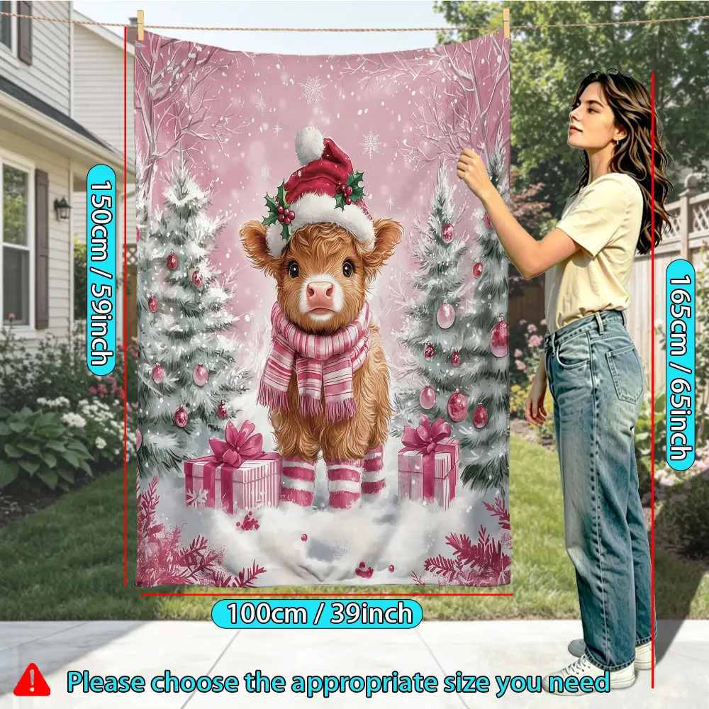 1 Pack Scarf Wearing Highland Cow Christmas Flannel Blanket, Soft Warm Throw for Couch, Car, Office, Camping X‑mas Gift