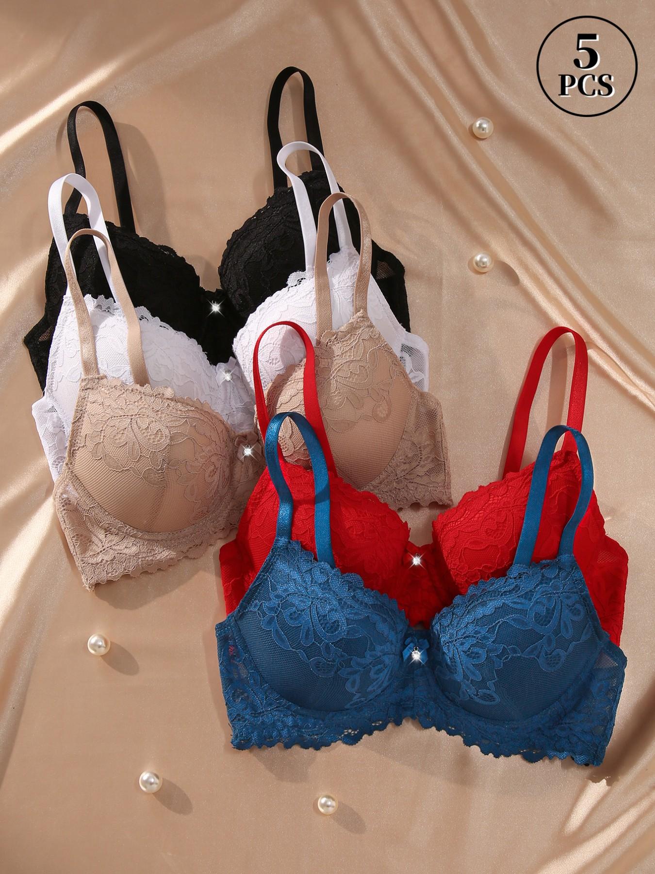 Women's Floral Lace Underwired Molded Bra with Bow and Adjustable-Straps, Comfortable Breathable Medium Push-Up Bra for Women, Lingerie for Daily Wear