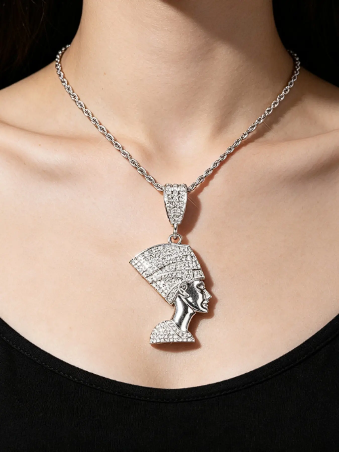 Ancient Egyptian Cleopatra Full Diamond Pendant Gold Chain, Dense Setting, Alternative Vintage High-End Accessory Necklace Jewelry