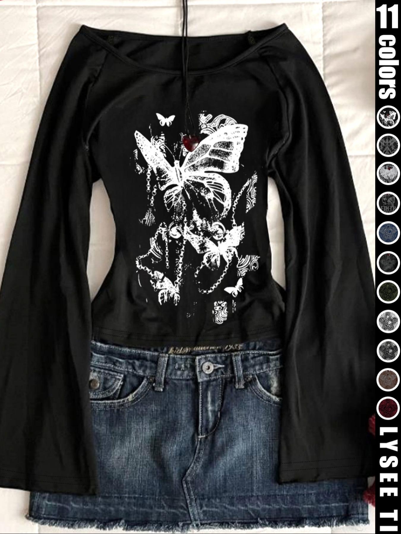 Fashion and casual Y2K women's Fitted five pointed star printed round neck flared sleeve top