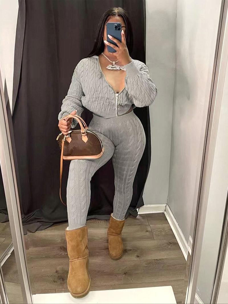 Women's Minimalist Textured Long Sleeve Crop Hooded Sweater & High Waist Skinny Pants Set, Casual Cozy Lady Knitwear Outfits Suits, Basic Womenswear