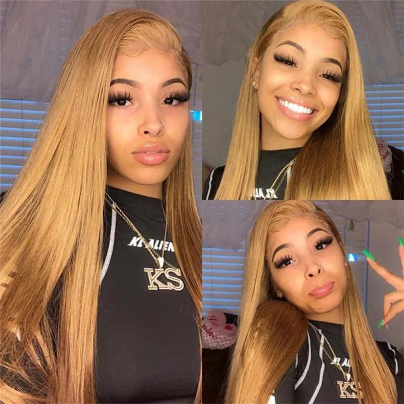210% Density #27 Honey Blonde Straight Lace Front Wigs Pre plucked 13X6 HD Lace Frontal Human Hair Wigs For Women Natural Hairline