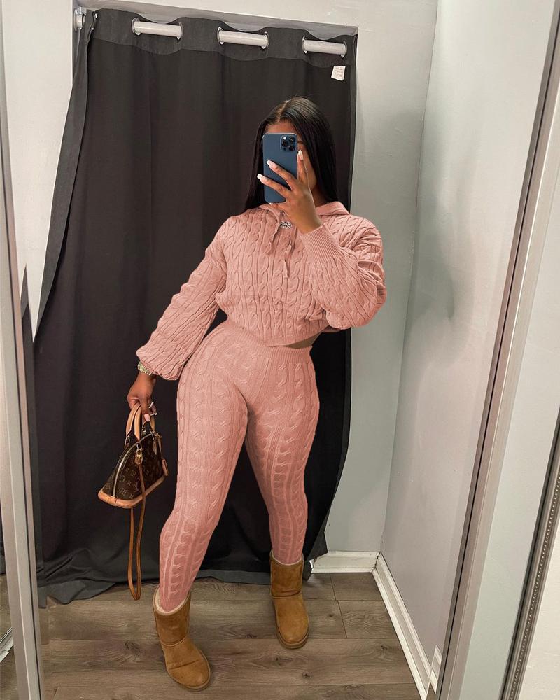 USBoutique Chic Two-piece Set Women's Solid Drop Shoulder Cable Knit Crop Sweater & High Waist Pants. Casual Fashion Cozy Plush Outfits for Daily Outdoor Wear, Women Clothes for Fall & Winter, Fall Outfits. Green Hoodie Girl, Drop Shoulder Sweater