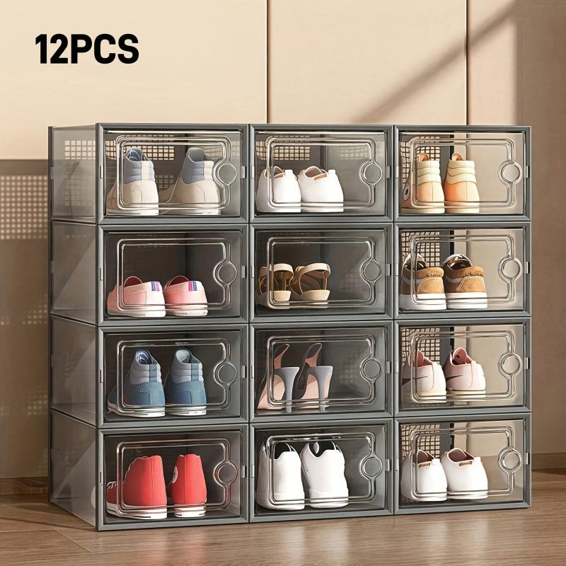 12 Pcs Thickened Clear Shoe Box with Cover, Foldable Shoe Rack Stackable Shoe Rack, Free Combination, Plastic Sneaker Container, Space-Saving Storage Organizer