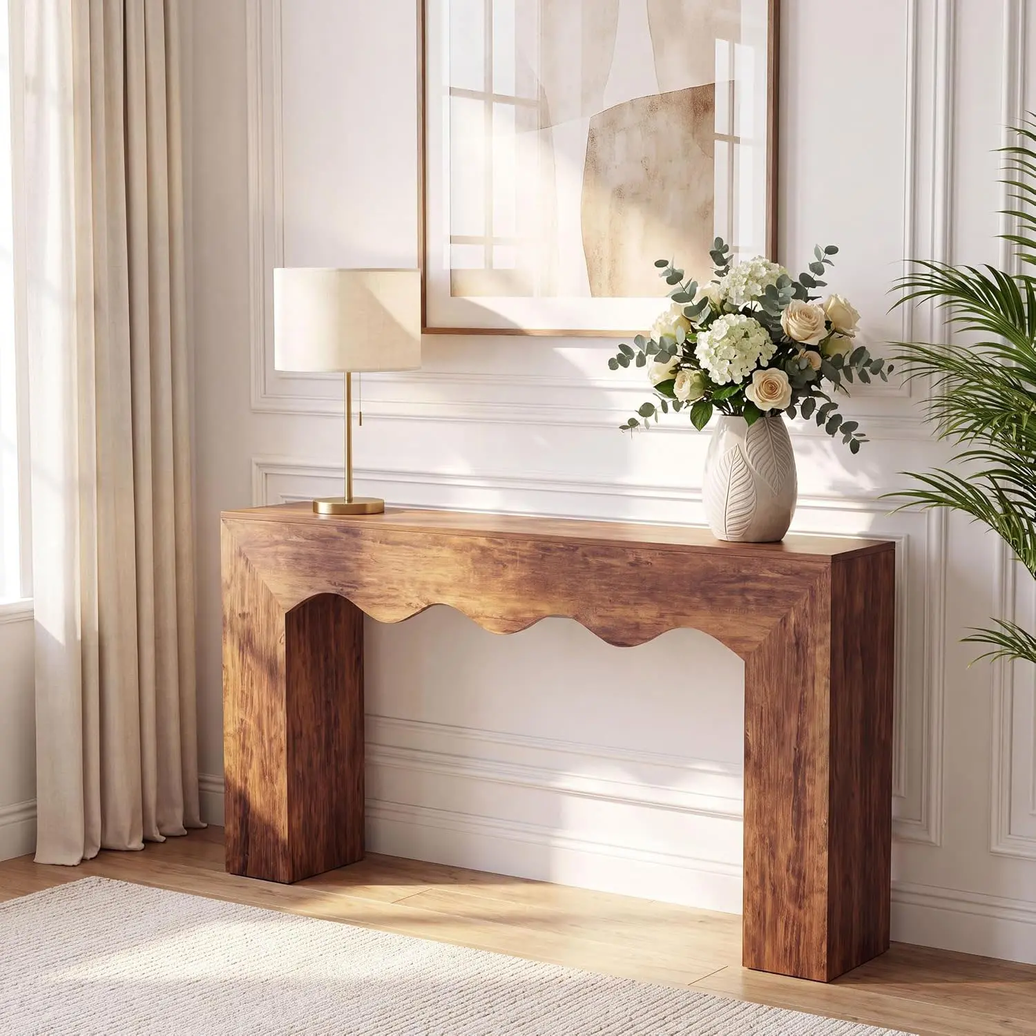 Only Table, 63" Entryway Table,Wooden Texture Farmhouse Console Table,Unique Wave Edge Design,Sturdy Square Base,Water Resistant, Farmhouse Hall Table,Elegant Texture,Easy Assembly