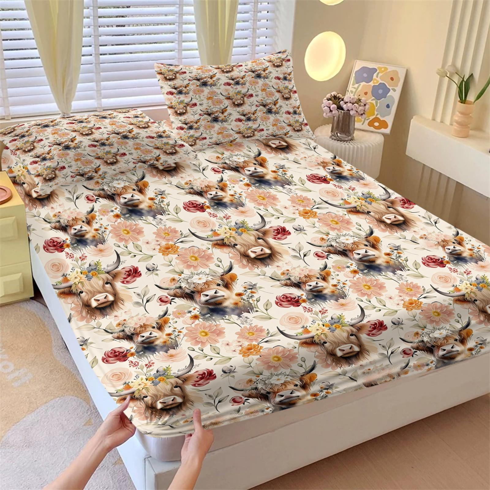 3-Piece Highland Cow & Sunflower Fitted Sheet Set, 1 Fitted Sheet + 2 Pillowcases, Soft Breathable Fabric, Non-Slip Mattress Cover, Floral Cow Bedding, Perfect for Teen Bedroom, Farmhouse Room Decor