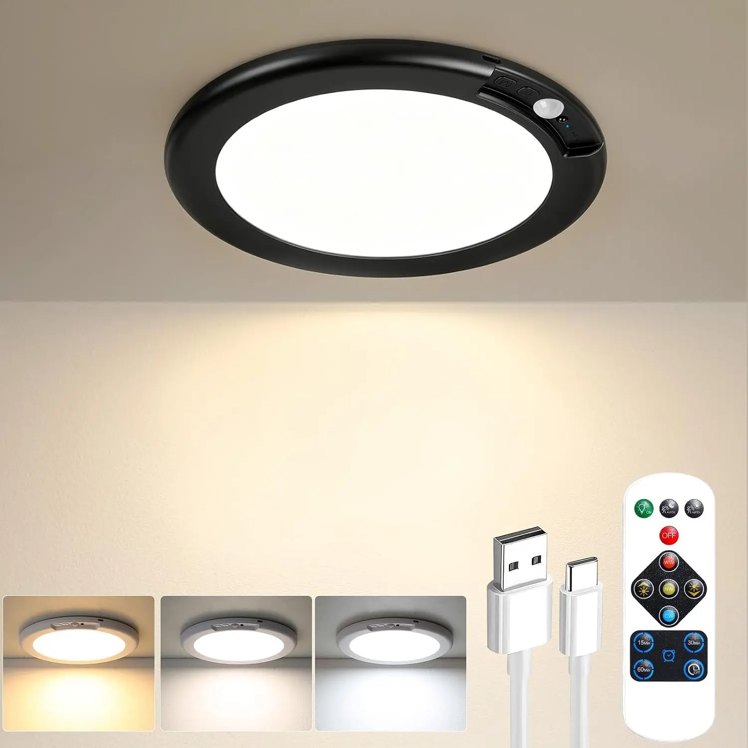 Rechargeable Motion Sensor Ceiling Light, Wireless Closet Light, Black