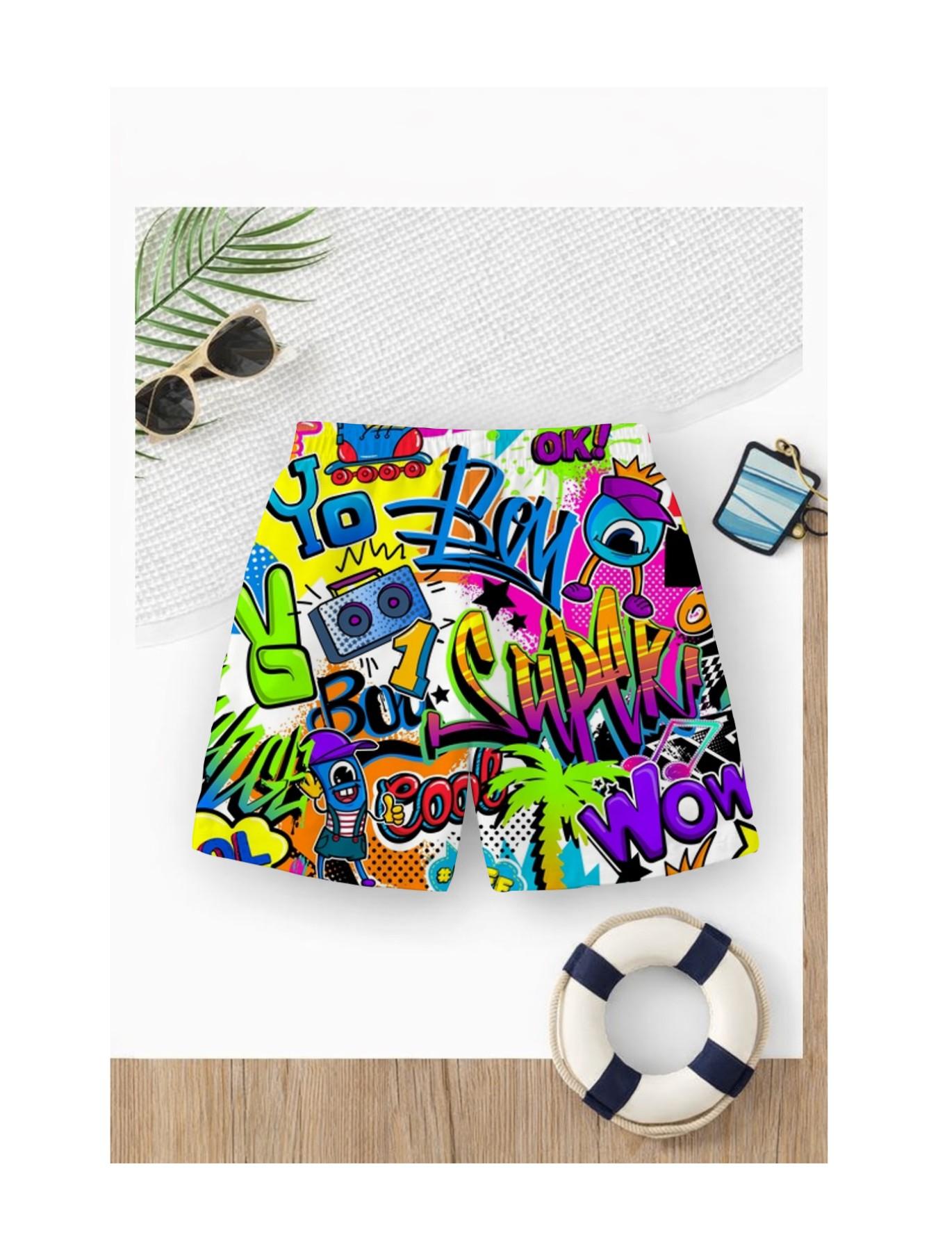 Summer Boys' Cartoon Graffiti Print Drawstring Beach Pants, Kids Loose Fit Trendy Brand Swim Shorts, Casual Short Hems