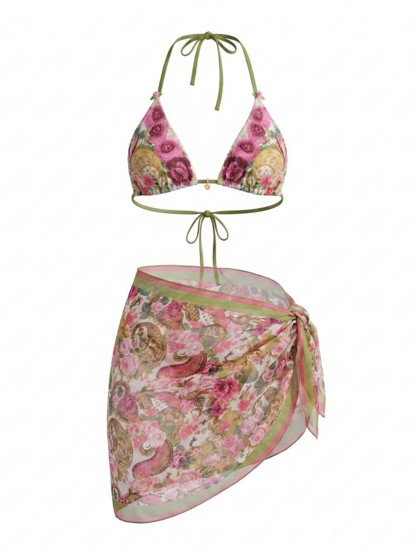 Women's Bohemian Style Bikini Set with Tie Straps, Chiffon Print Cover-Up, Full Body Print, Cute Knot Back, Summer Beachwear, Floral Bikini Swimsuit, Chic Swimsuit Set