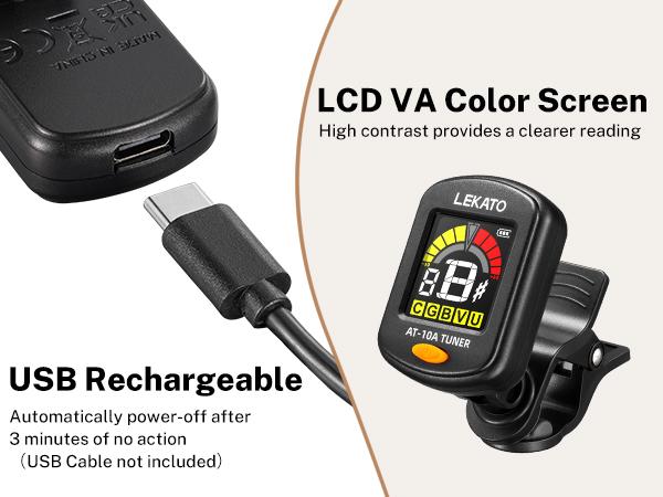 LEKATO Guitar Tuner, LCD Color Screen Clip On for Acoustic Electric Guitar Bass,Ukulele Violin,Chromatic Tuning Modes,Rechargeable Digital Tuner for Stringed Instruments