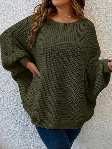 Lune Plus Size Batwing Sleeve Pullover Sweater, Comfortable Warm Knitwear for Women, Fashionable Winter Trendy Sweater