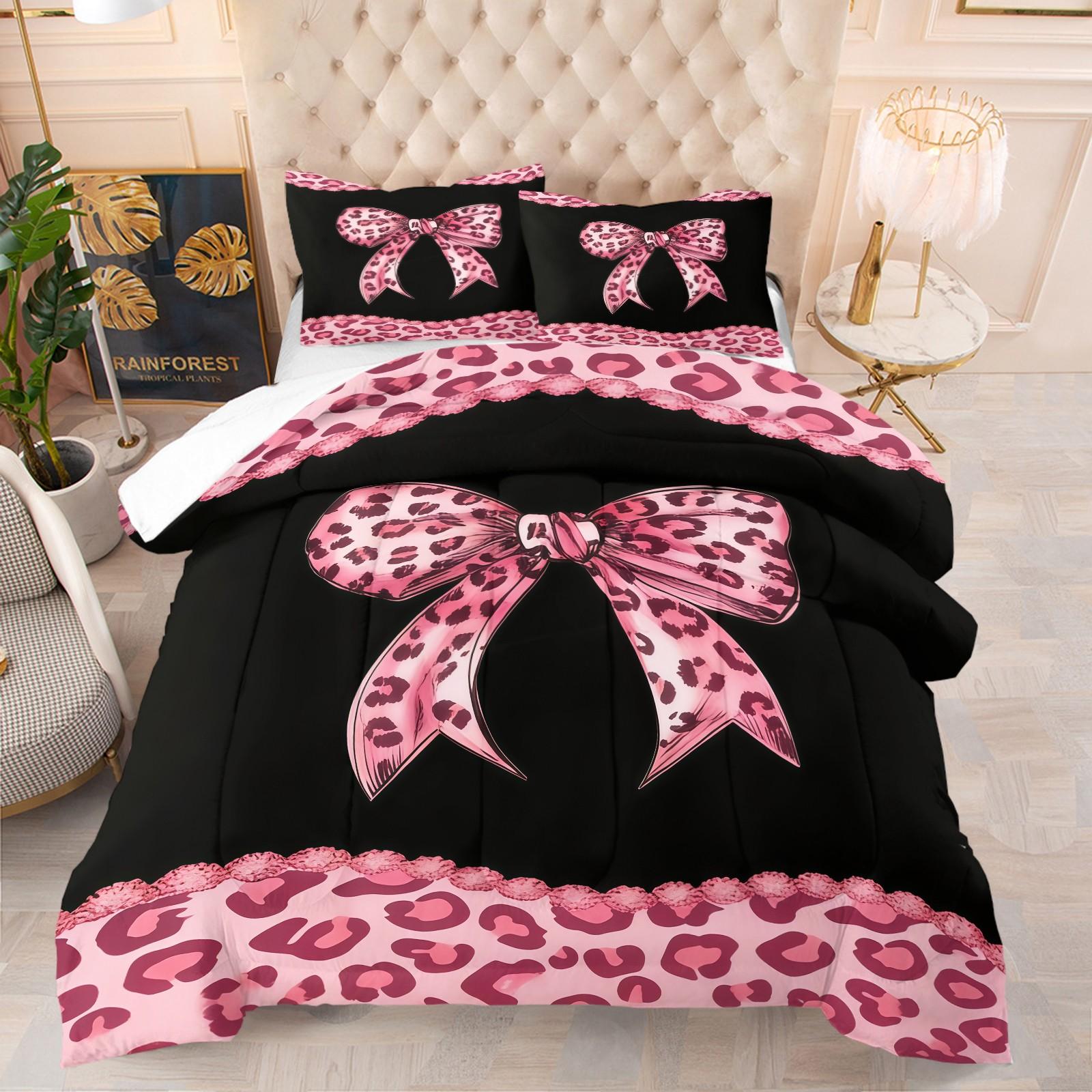 Leopard Print Bow Pattern Bedding Set, Soft Bedding Sets Adult Bedroom Decoration, Suitable For Giving To Friends And Family, As a Moving And Holiday Gift, Including 1 Blanket And 1 Or 2 Pillowcases Without Pillowcases