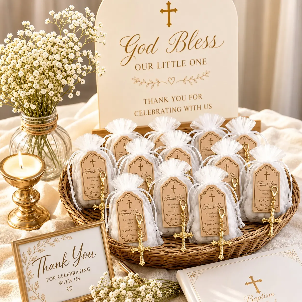 60 Pcs/20 Sets Baby Shower Favors for Guests, Gold Crucifix Keychains with White Organza Gift Bags and Kraft Thank You Cards, Baptism and Christening Favors, First Communion, Confirmation, Wedding, Church Celebration and Christian Party Keepsakes