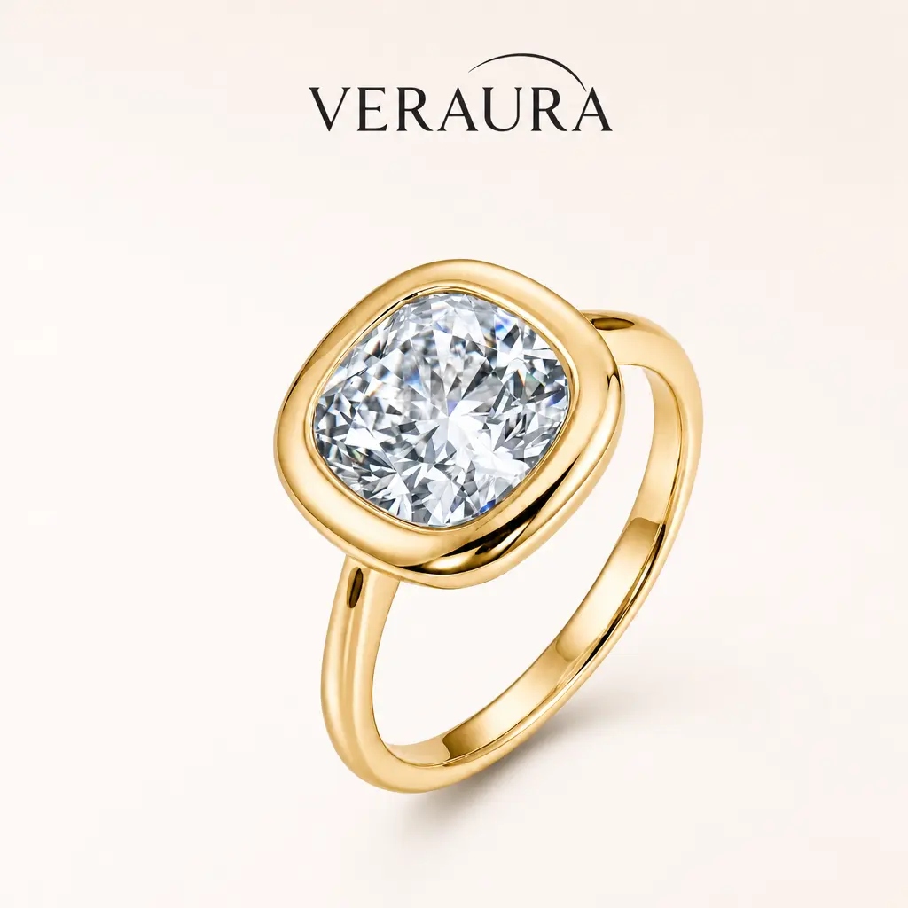 Women's 4ct Naked Gold Cushion Cut Snag-Free Bezel Ring - Waterproof, Hypoallergenic, Minimalist Artificial Gemstone Jewelry for Female Adults' Daily Wear, Gold Non Tarnish Rings, Non Tarnish Jewelry