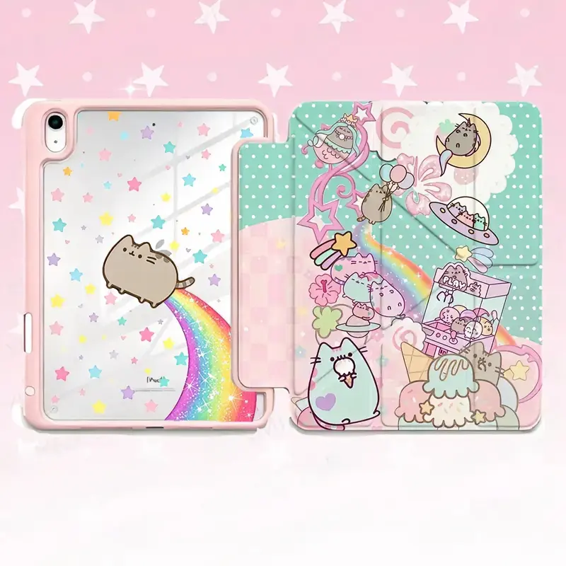 Cute Rainbow Cat & Arcade Claw Machine Style| Colorful Star Clear Back & UFO Alien Kitten Graphic| Kawaii Pastel Dreamy Aesthetic Tablet Case Cover| for iPad Air/Pro/Mini 10.2 10.9 11 13 inch, suitable for both men and women, Perfect Gift Shell Acrylic