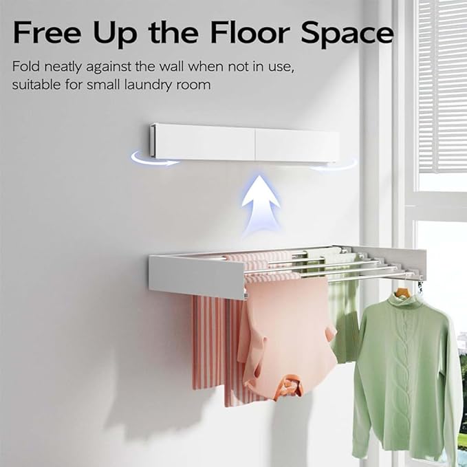 Wall Mounted Clothes Drying Rack 40" Folding Laundry Drying Rack Wall Mount with 6 Aluminum Rods for Maximum Space-Saving Efficiency Collapsible Hanging Rack for Bathroom Laundry