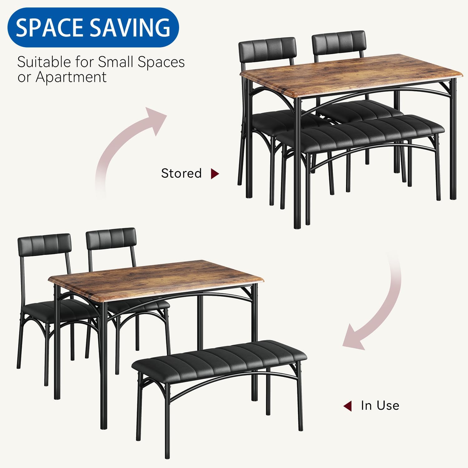 Dining Table Set for 4, Kitchen Table and Chairs for 4, Rectangular Dining Room Table Set with Upholstered Bench and Chairs, 4 Piece Table Set for Small Space, Apartment Dining Table Set for 4, Kitchen Table and Chairs for 4, Rectangular Dining Room Table Set with Upholstered Bench and Chairs, 4 Piece Table Set for Small Space, Apartment