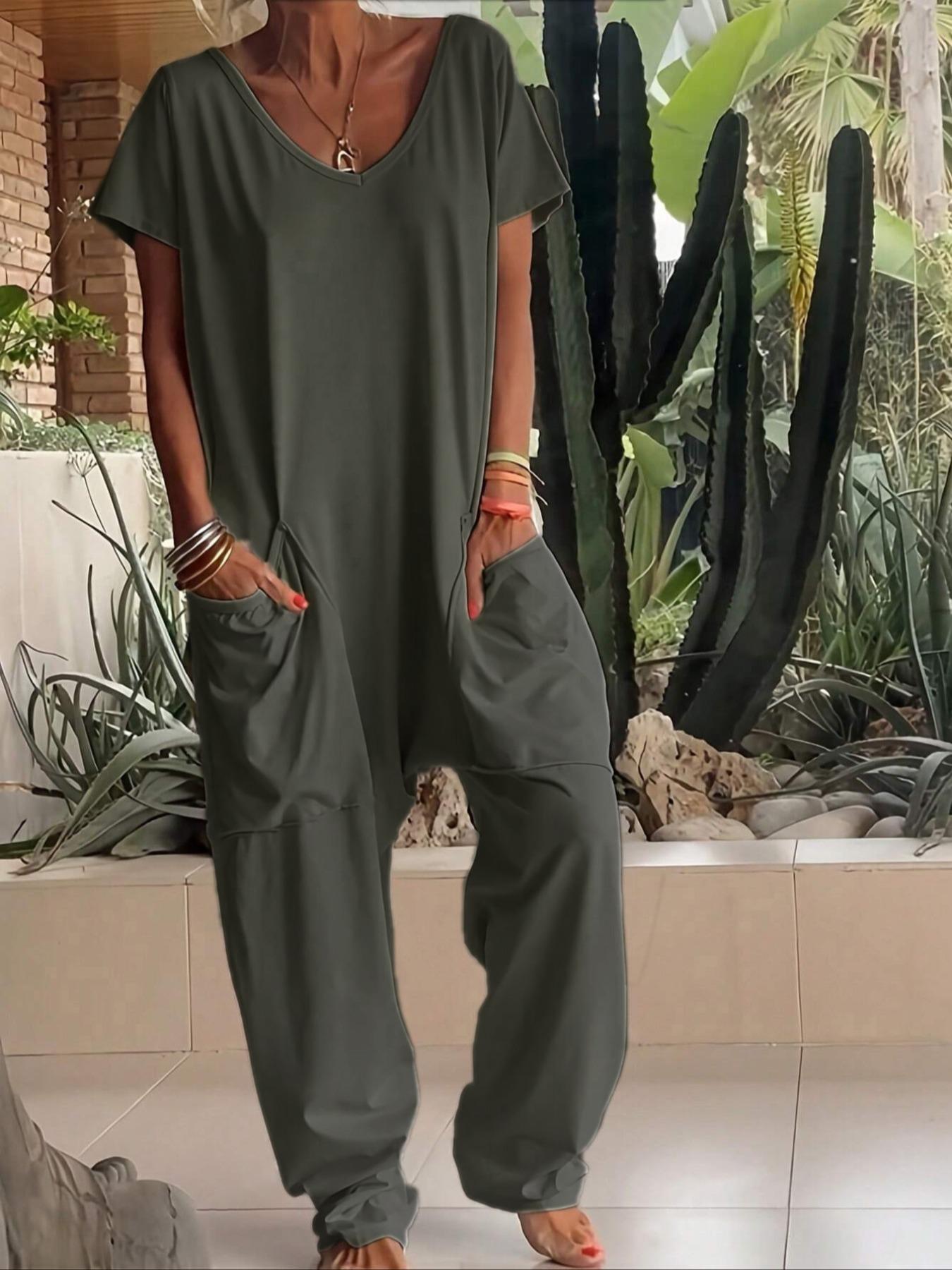 2026 Women's Casual Jumpsuit, Short-Sleeve V-Neck Harem Pants, Loose Fit Wide Leg, Perfect for All Seasons, Stylish & Comfortable