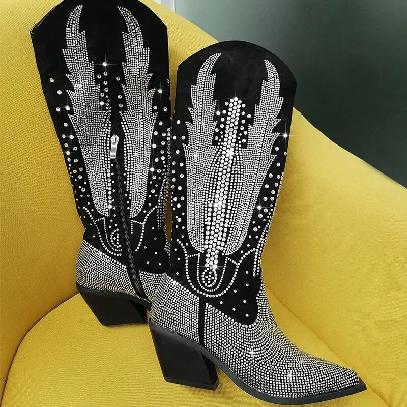 RONILURN Knee High Cowboy Boots for Women Cowgirl Western Boots Rhinestone Bling Pointed Toe Chunky Heel Pull On Fashion Shoes Tall Black Boot dream boots