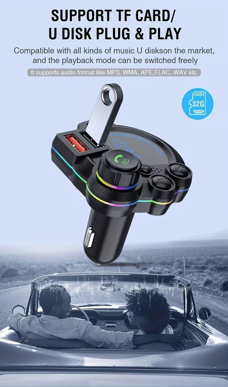Bluetooth 5.3 Car FM Transmitter, Wireless Radio Adapter with PD 30W & USB Fast Charger, Colorful RGB Light, Hands-free Calling, Bass Music Player for All Cars