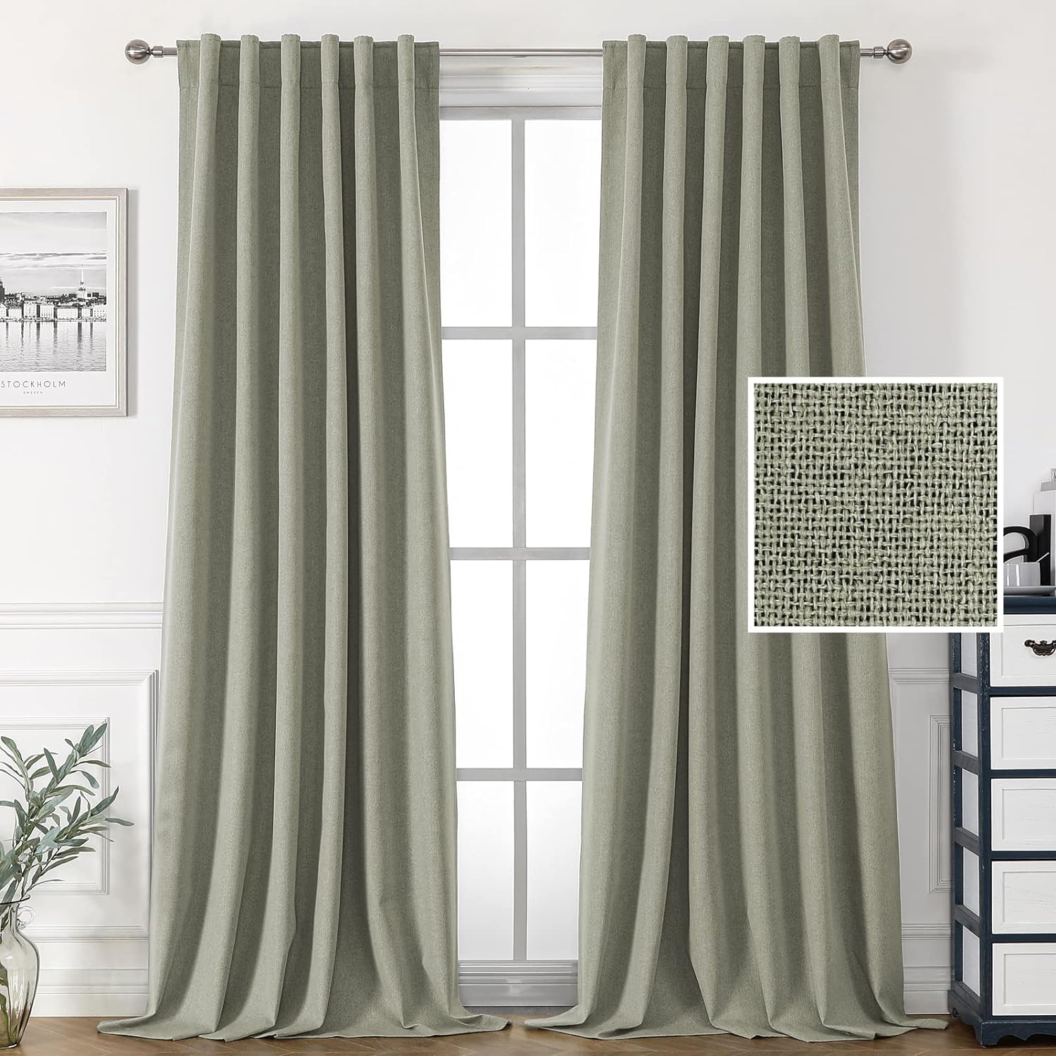 H.VERSAILTEX 100% Blackout Faux Linen Curtains for Bedroom Full Light Blocking Drapes with Double Face Linen Back Tab Loop Pocket Textured Burlap Curtains for Living Room 2 Panels
