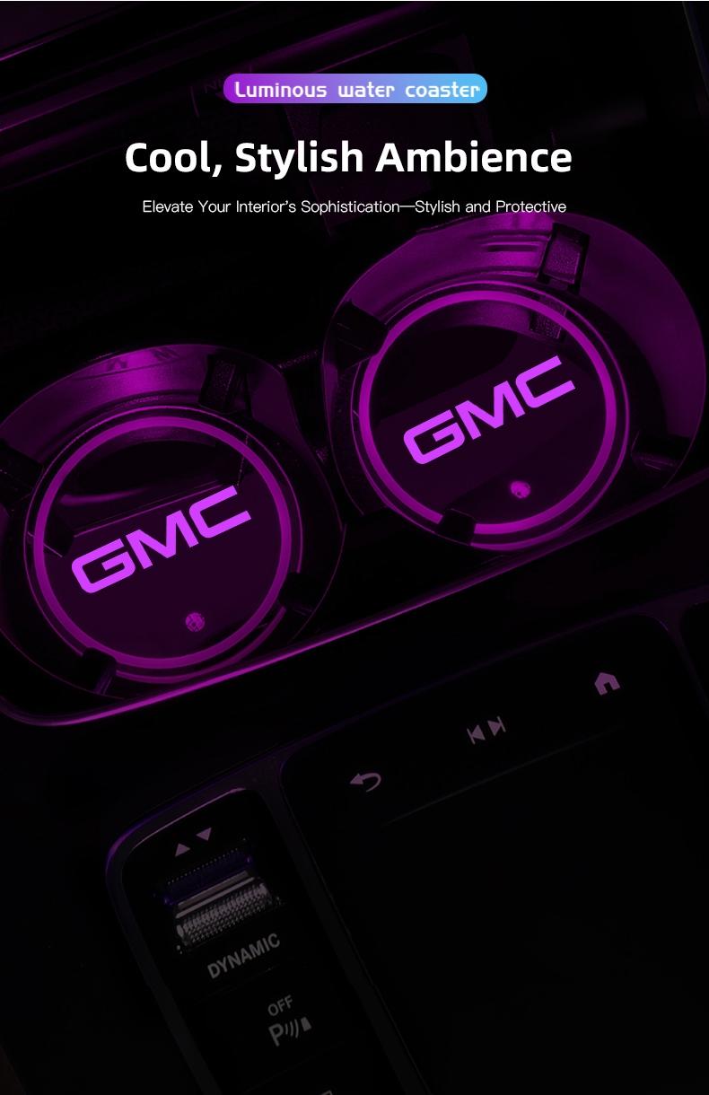 2pcs Car Luminous Water Cup Pad LED Atmosphere Light For GMC Terrain Sierra Canyon Yukon Acadia Savana Denali AT4 Granite