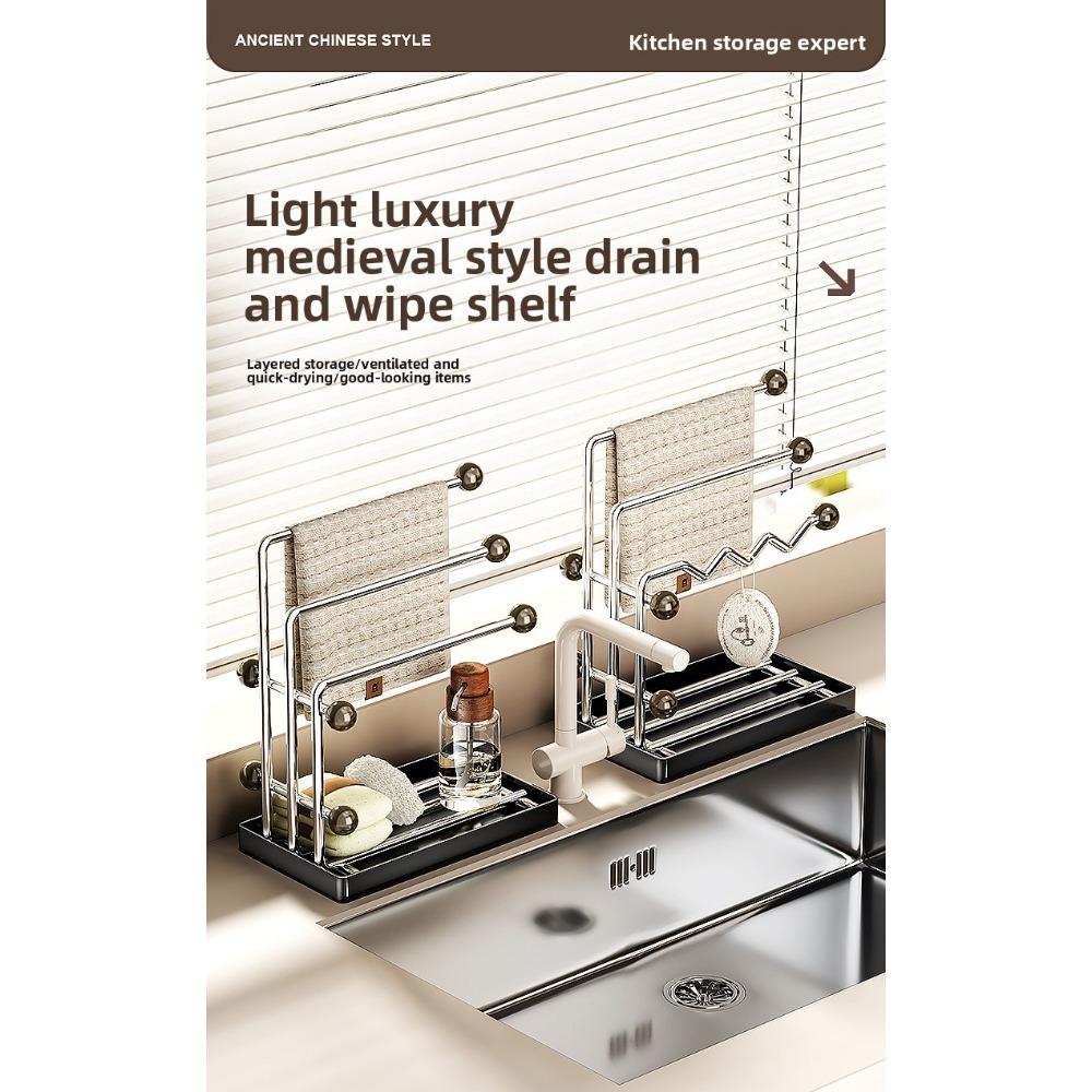 Kitchen stainless steel countertop organizer, household multi-layer storage rack with drain tray, rag holder, corner shelf for countertop, kitchen organizer, kitchen storage rack