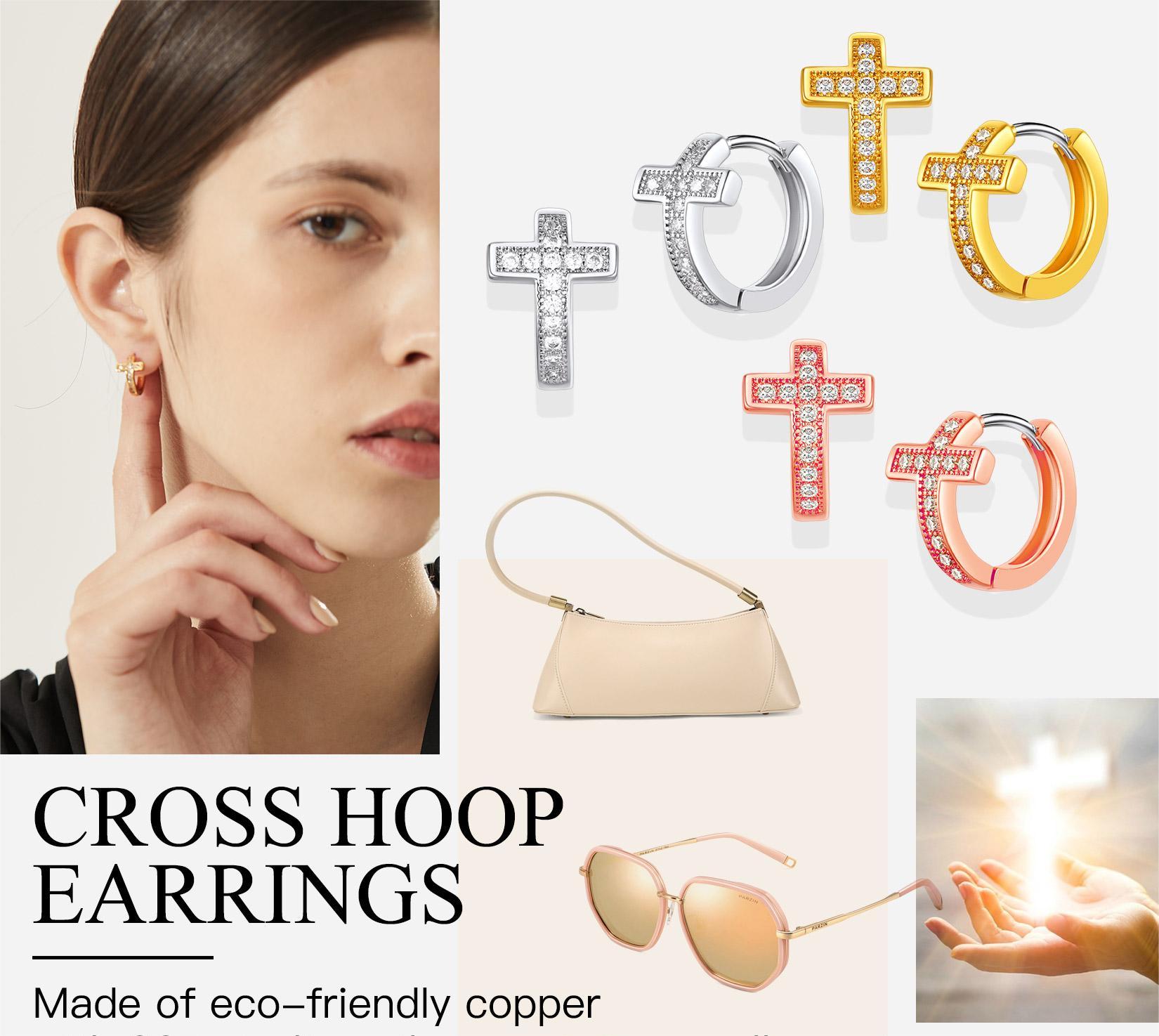 FaithHeart Cubic Zirconia Cross Hoop Earrings Copper