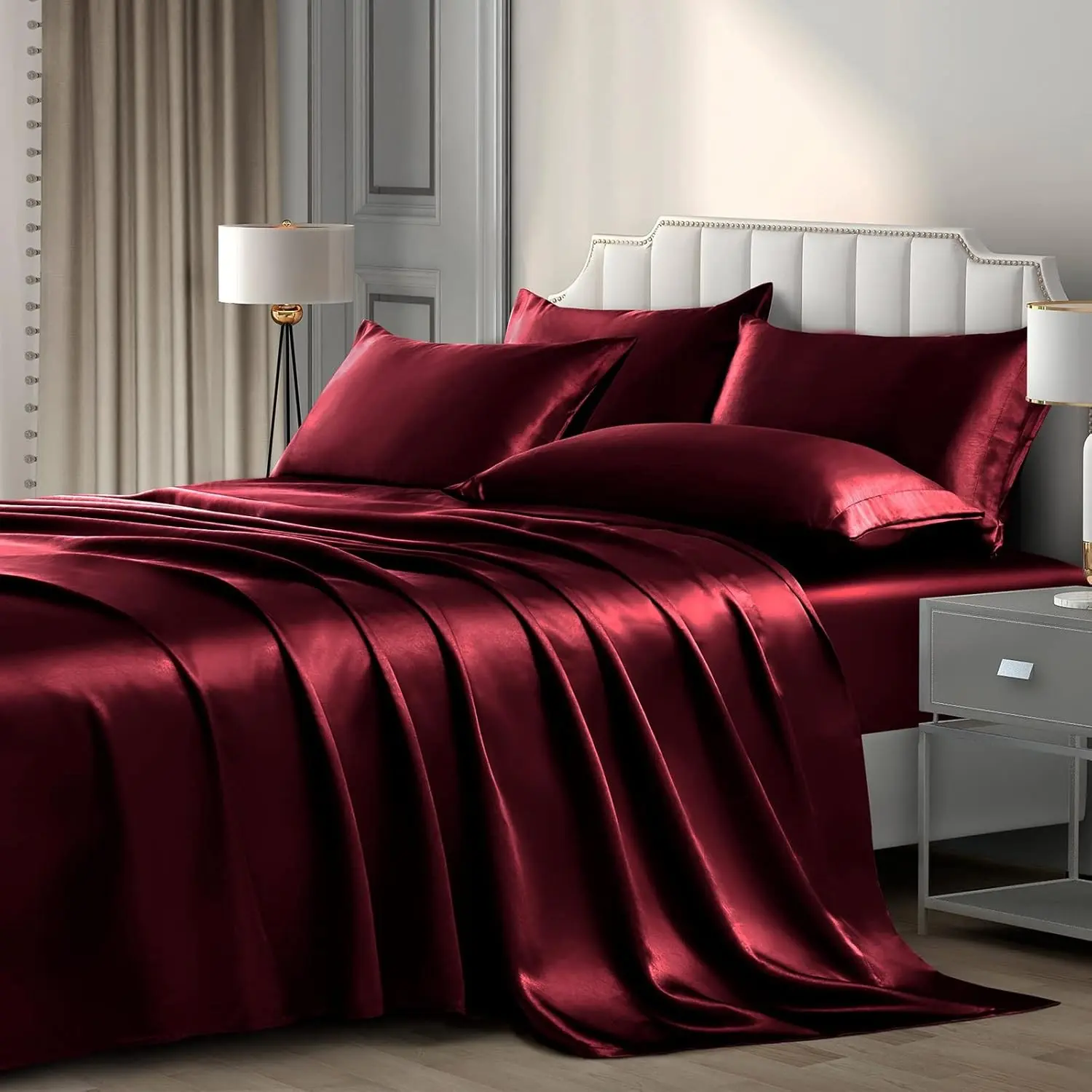 6 Pieces Queen Satin Sheets Luxury Silky Burgundy Satin Bedding Sheet Set, 1 Deep Pocket Fitted Sheet + 1 Flat Sheet + 4 Pillow Cases